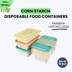 Corn Starch Disposable Food Container | Rainbow Lids | Set of 10pcs
