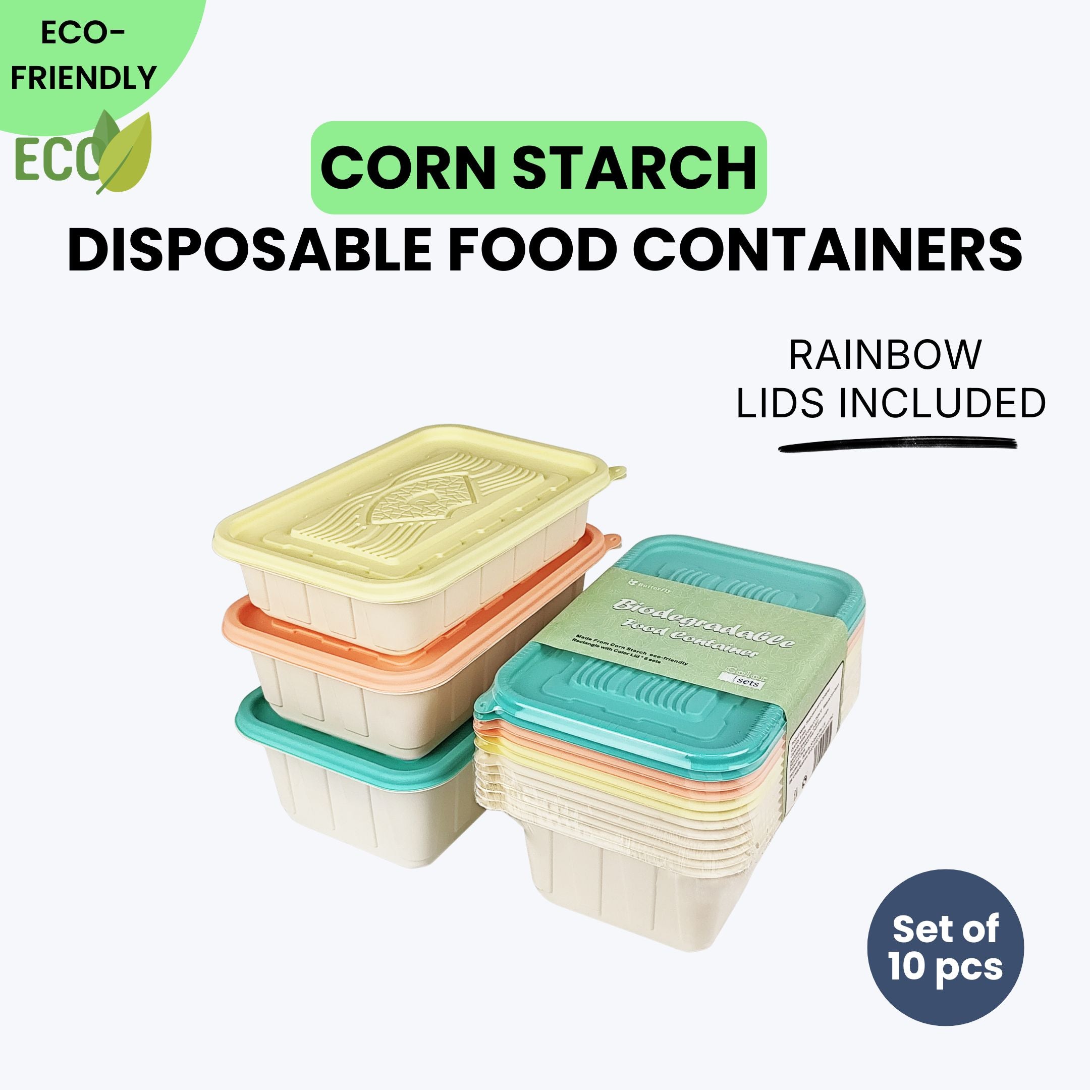 Corn Starch Disposable Food Container | Rainbow Lids | Set of 10pcs