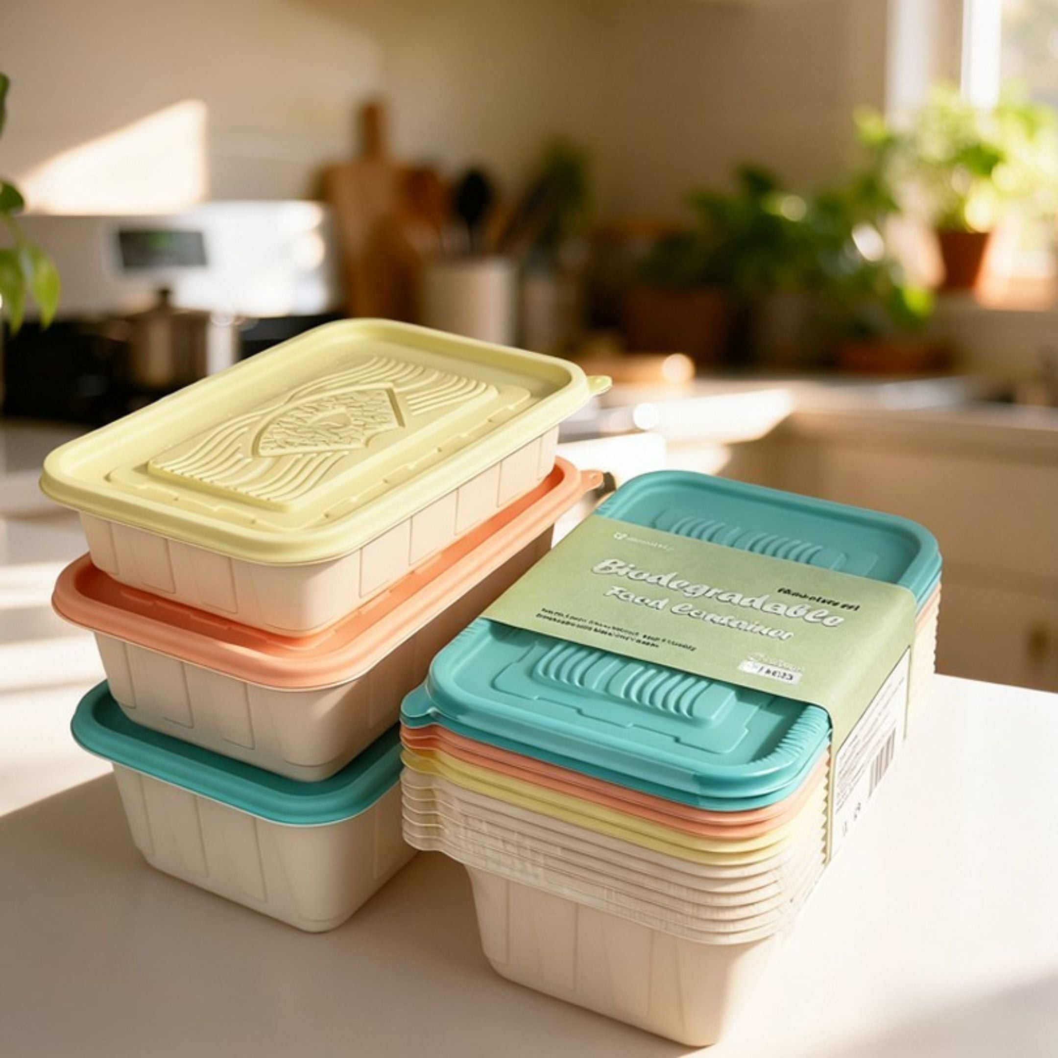 Corn Starch Disposable Food Container | Rainbow Lids | Set of 10pcs