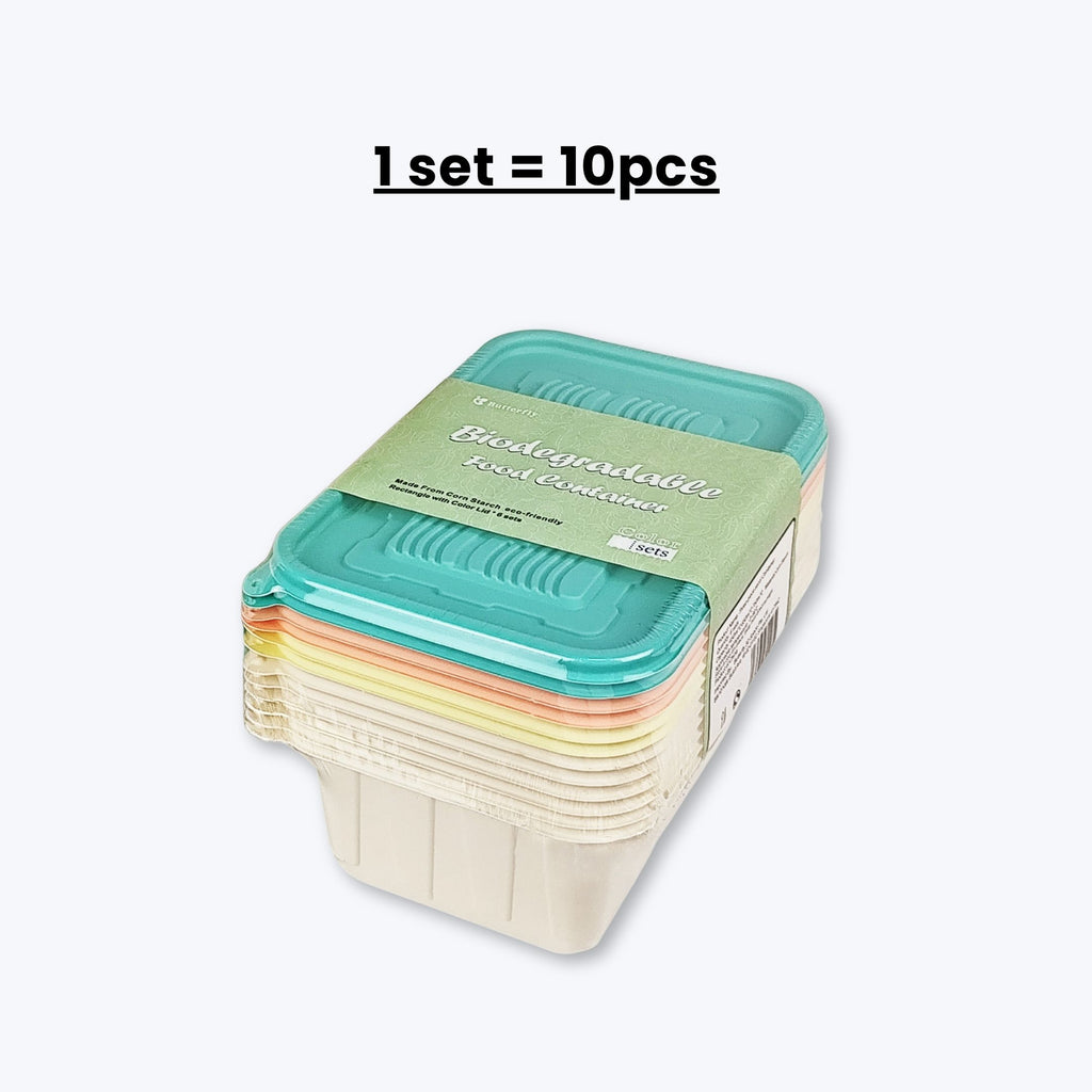 Corn Starch Disposable Food Container | Rainbow Lids | Set of 10pcs