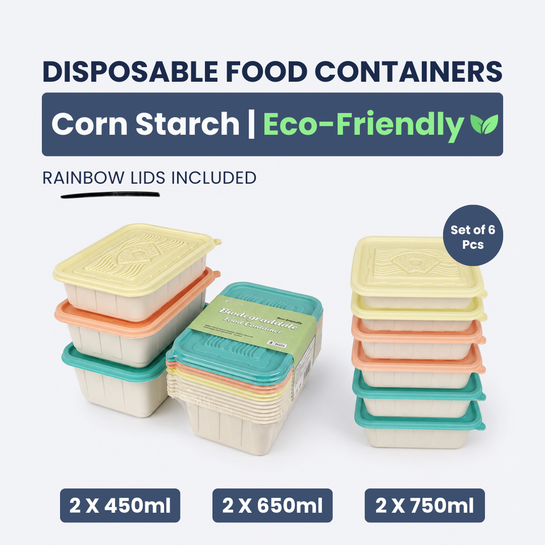 Corn Starch Disposable Food Container | Rainbow Lids | Assorted Sizes