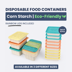 Corn Starch Disposable Food Container | Rainbow Lids | Set of 10pcs